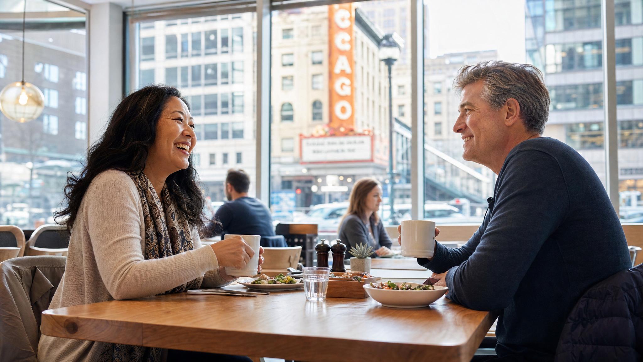 Two adults meeting for a casual lunch in a bright Chicago cafe