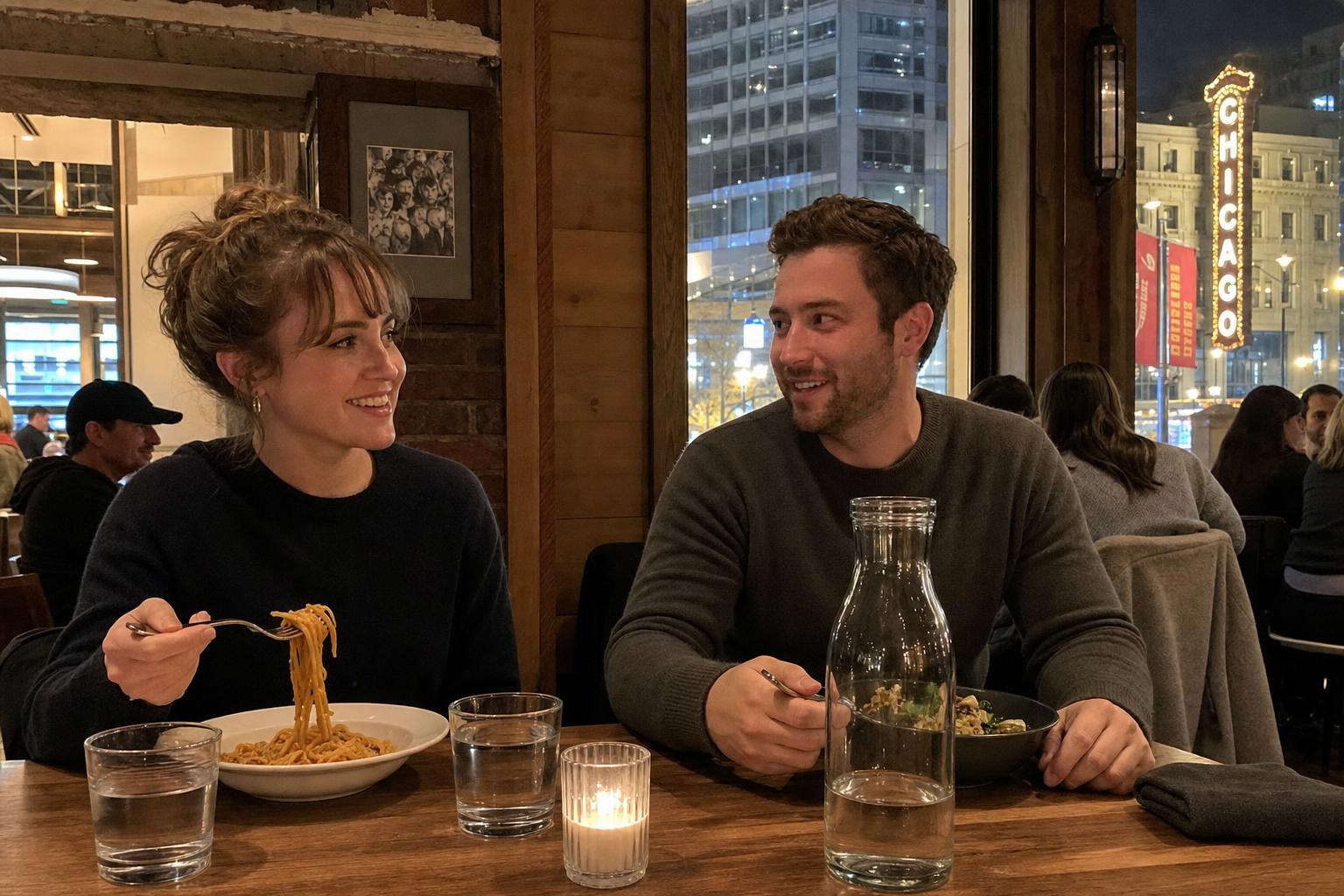 Two adults having an easy, low-pressure dinner in a Chicago restaurant