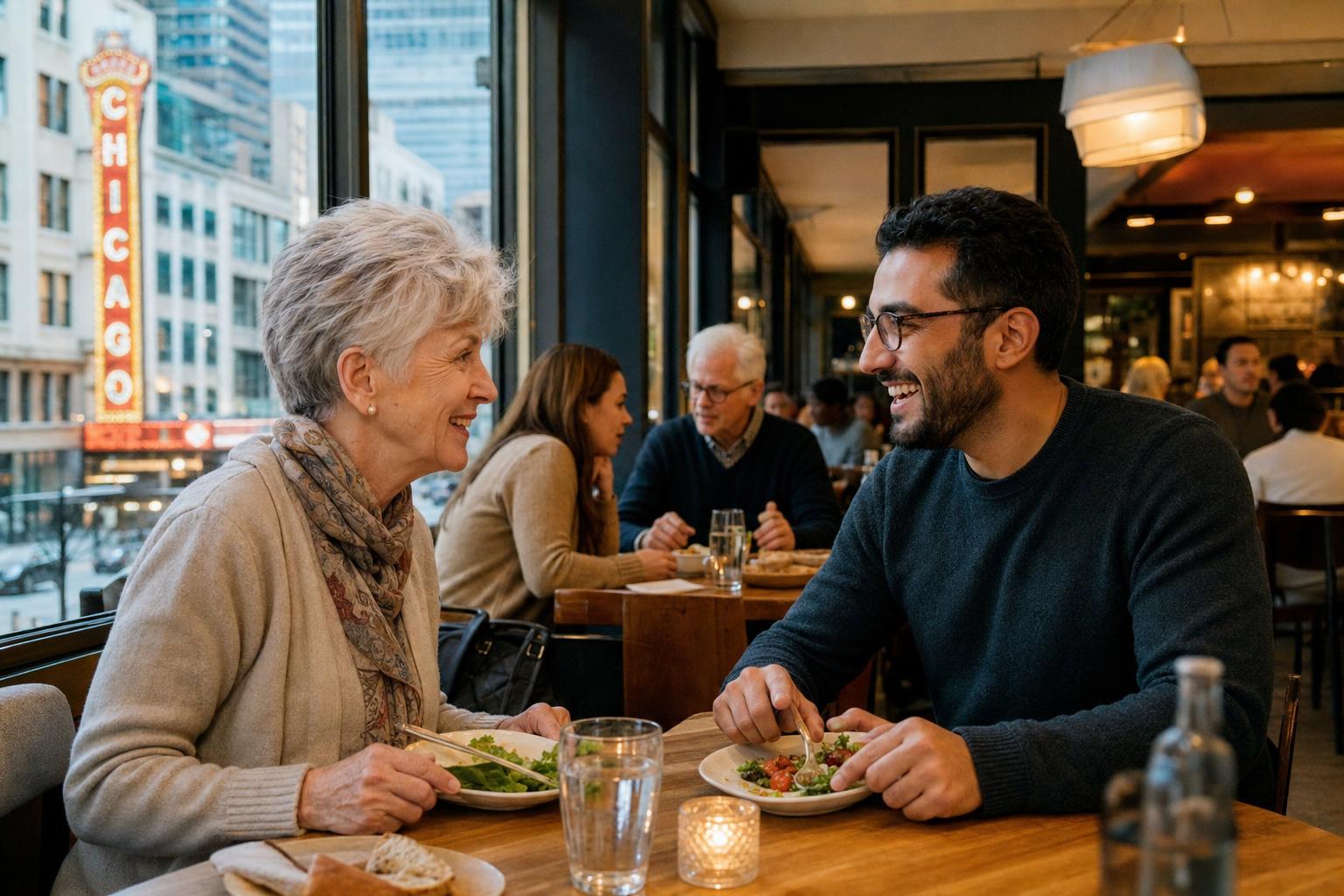 An older adult enjoying a relaxed meal with a new dining companion